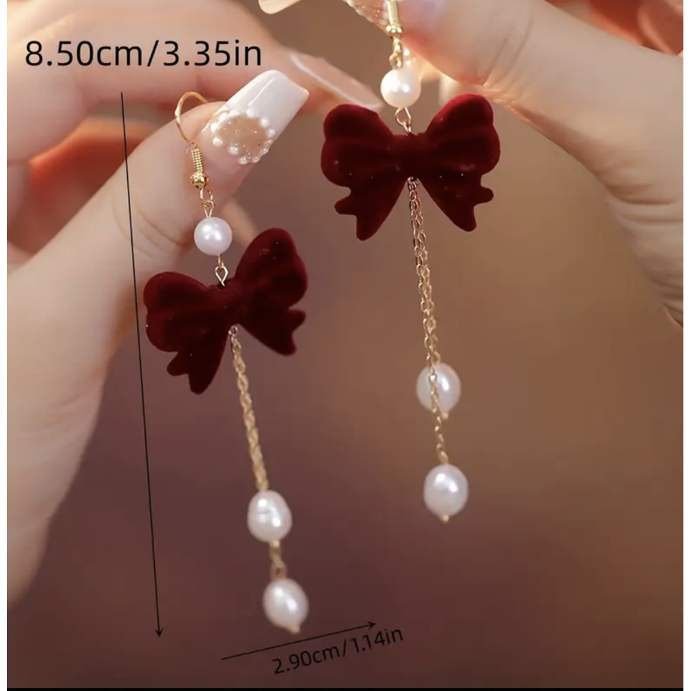 VİNTAGE KADİFE, BORDO RENK, İNCİ SALLANTILI FİYONK KÜPE ACR8212