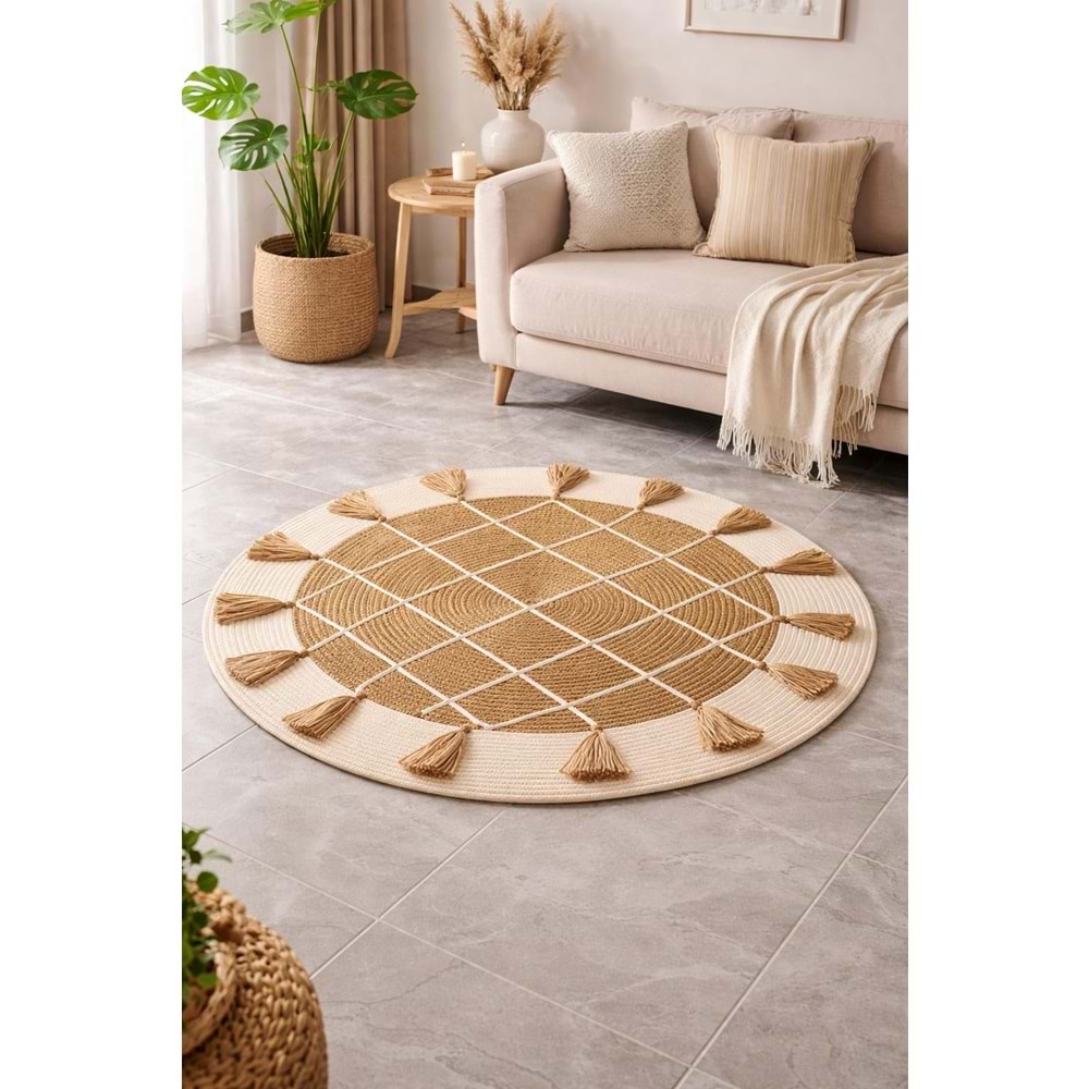 GADE EL YAPIMI, KAYDIRMAZLI, TRESS İPİ PASPAS-BAMBU&EKRU, SAÇAKLI BOHEM TARZ YUVARLAK ACR8417