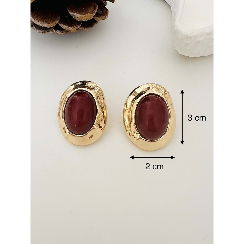 GOLD ÇERÇEVELİ BORDO RENK OVAL KÜPE ACR8582