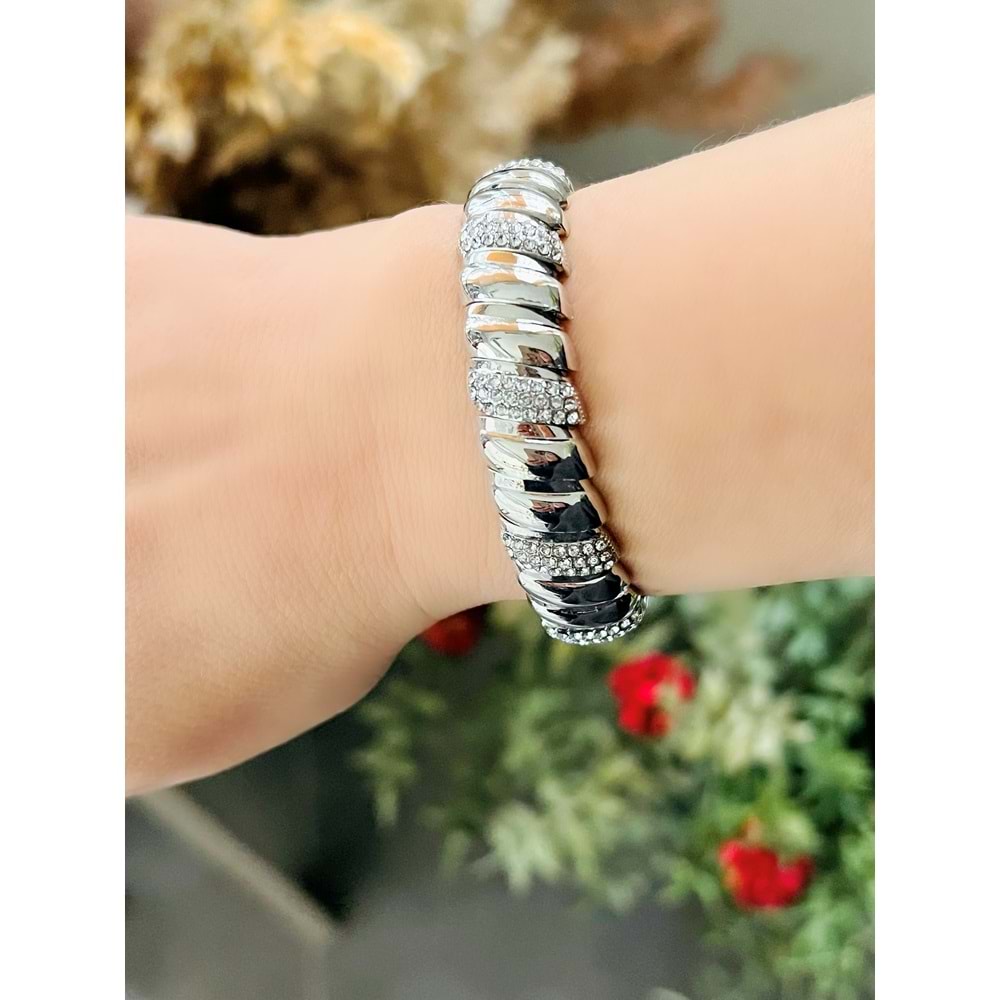 GÜMÜŞ RENK LASTİKLİ TAŞLI BOMBE BİLEKLİK ACR8609