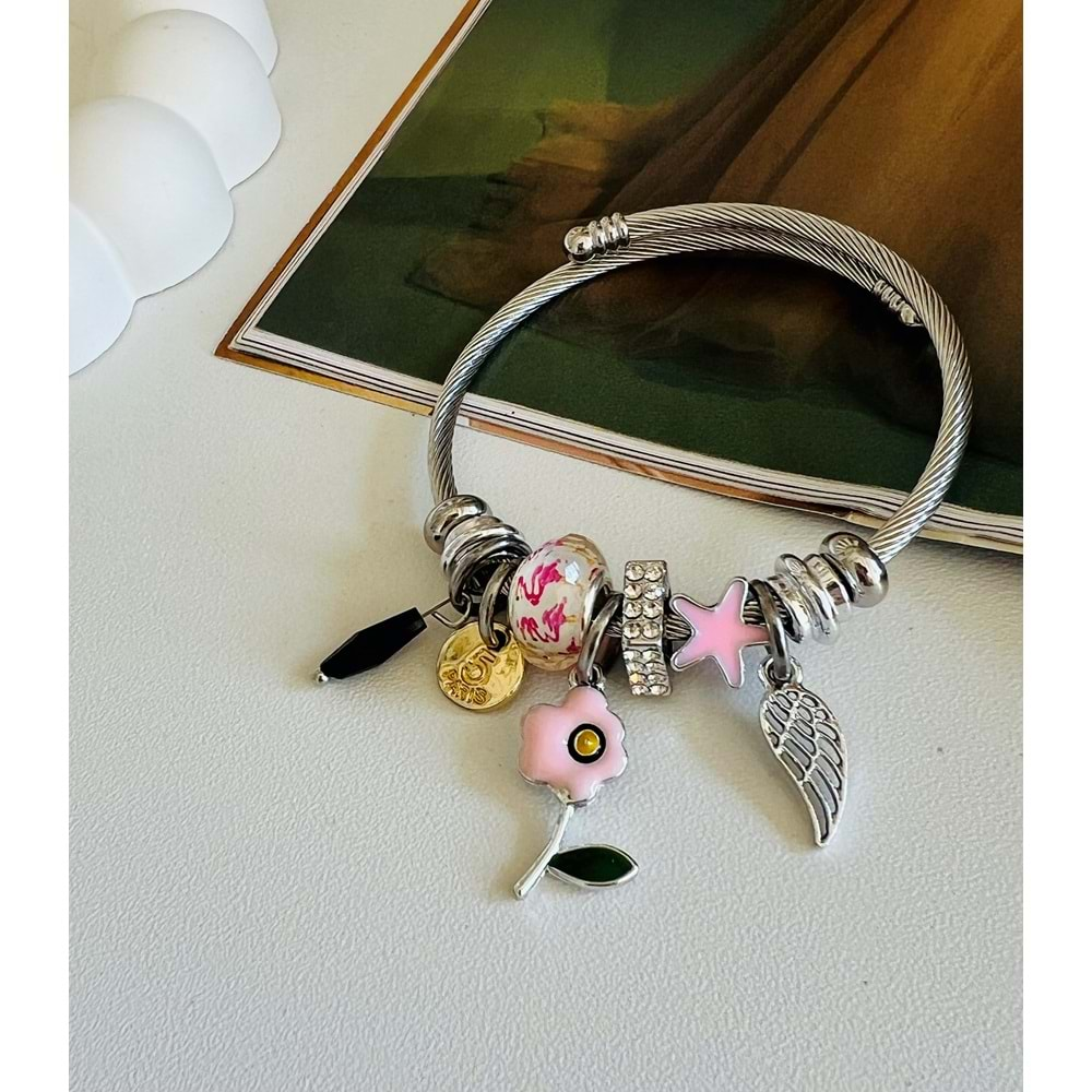 GÜMÜŞ RENK PEMBE YILDIZLI-PAPATYALI CHARM BİLEKLİK ACR8772