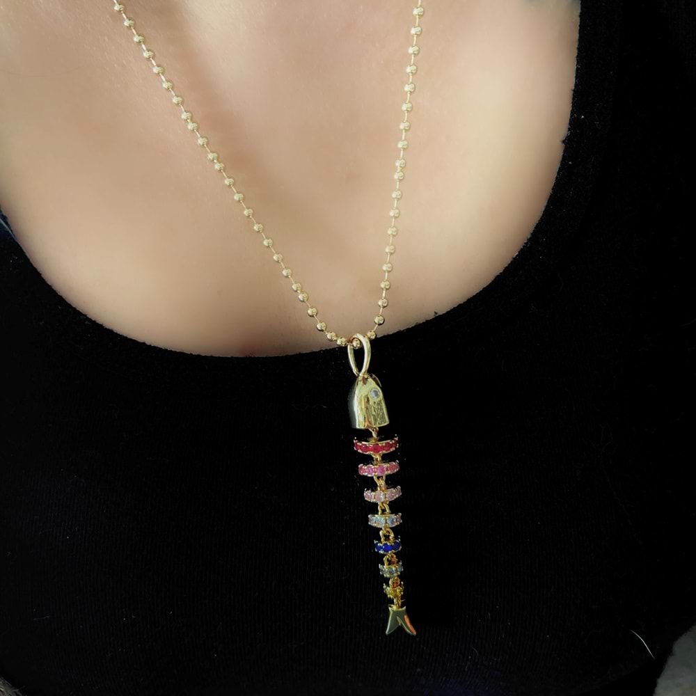 ÖZEL SERİ RENKLİ TAŞLI BALIK KOLYE 50+5CM-GOLD RENK ACR8917