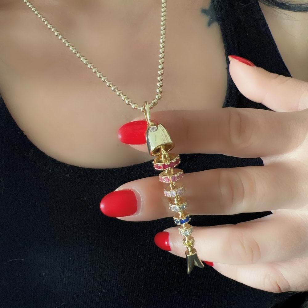 ÖZEL SERİ RENKLİ TAŞLI BALIK KOLYE 50+5CM-GOLD RENK ACR8917