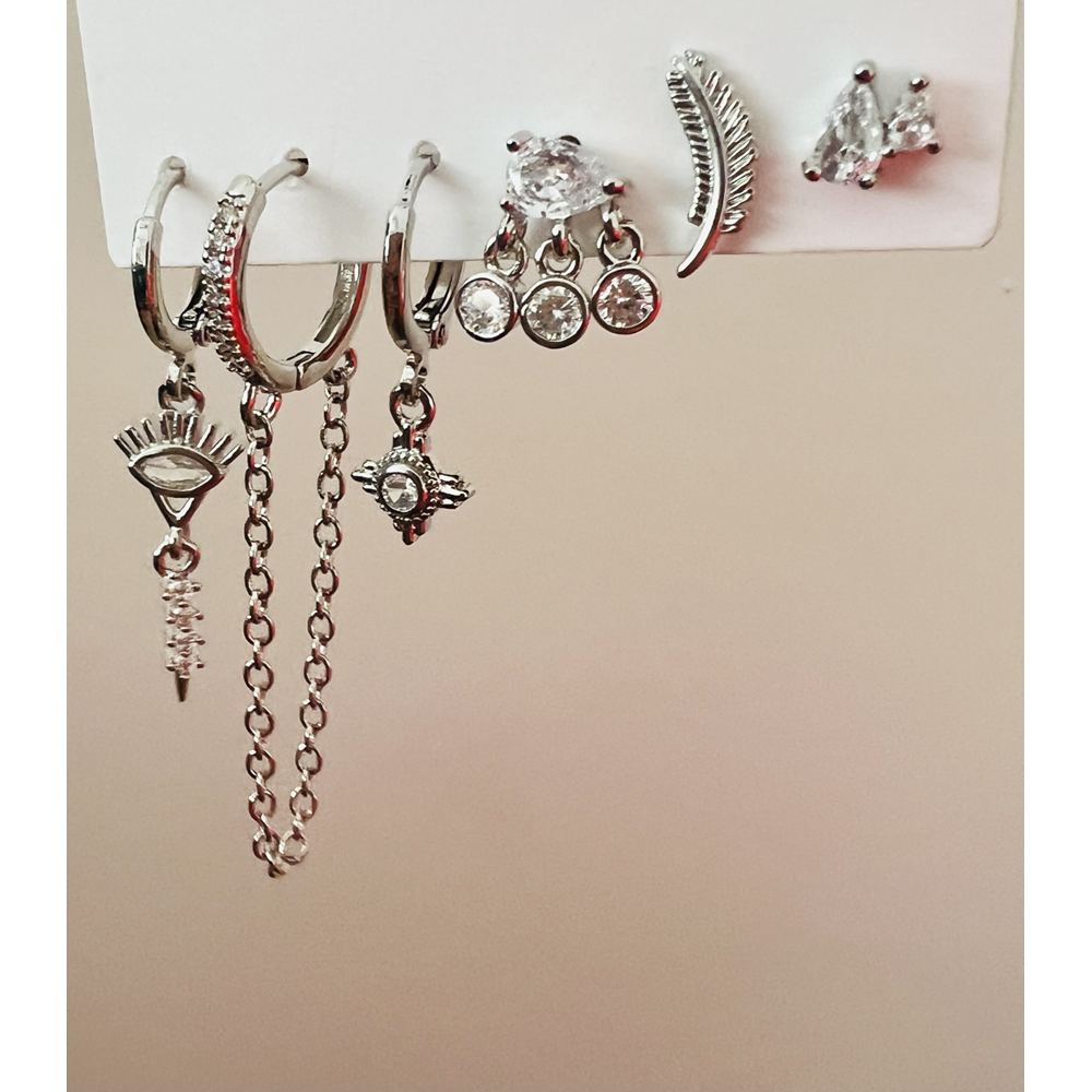 6'LI GÖZ DETAYLI, ZİNCİR SALLANTILI, YAPRAKLI KÜPE SETİ-GÜMÜŞ RENK ACR8996