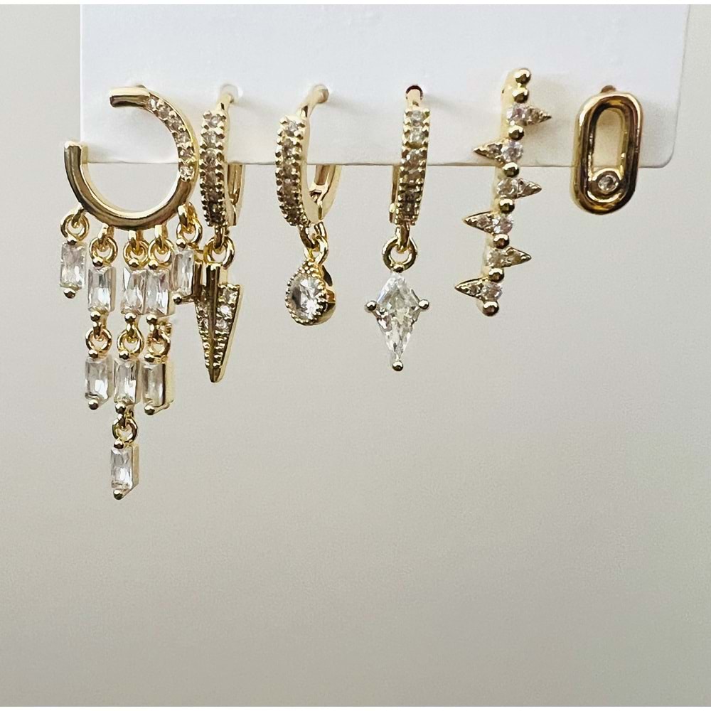 6'LI BAGET TAŞLI, SALLANTILI KÜPE SETİ-GOLD RENK ACR9007