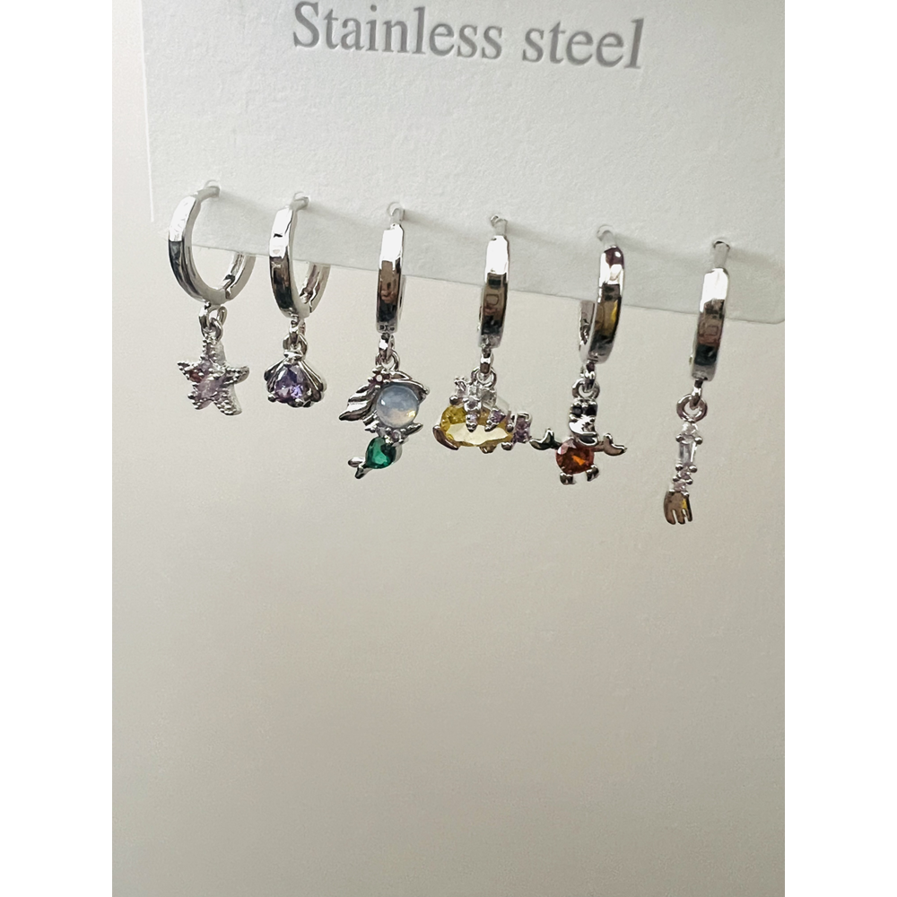 ÇELİK 6'LI YILDIZLI, DENİZ KIZI FİGÜRLÜ RENKLİ KÜPE SETİ-GÜMÜŞ RENL ACR9013