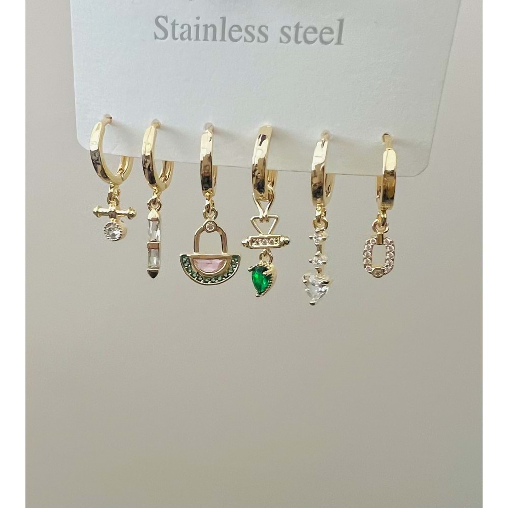 ÇELİK 6'LI YEŞİL RENKLİ, SALLANTILI KÜPE SETİ-GOLD RENK ACR9014