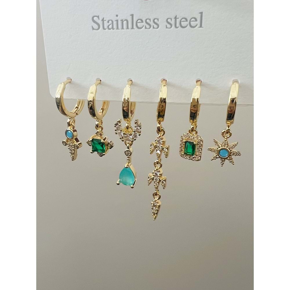 ÇELİK 6'LI TURKUAZ, YEŞİL RENK SALLANTILI KÜPE SETİ- GOLD RENK ACR9015