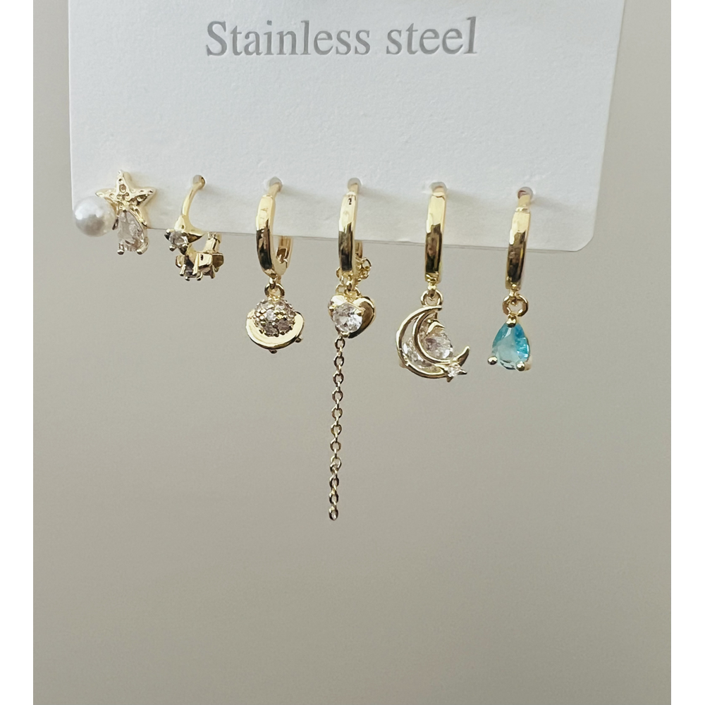 ÇELİK 6'LI KAPLUMBAĞALI, TURKUAZ DAMLA TAŞLI KÜPE SETİ-GOLD RENK ACR9016