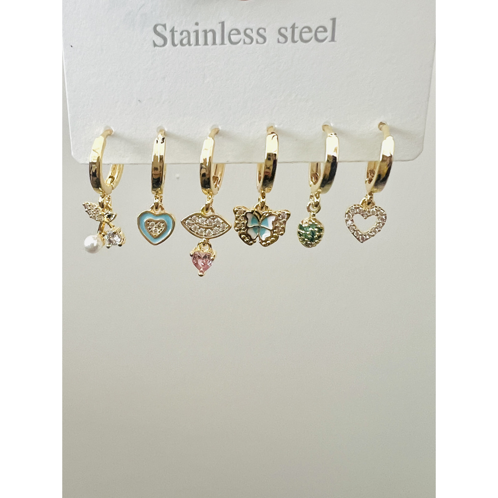 ÇELİK 6'LI KAPLUMBAĞA, KELEBEK FİGÜRLÜ, KALPLİ, RENKLİ KÜPE SETİ-GOLD RENK ACR9019