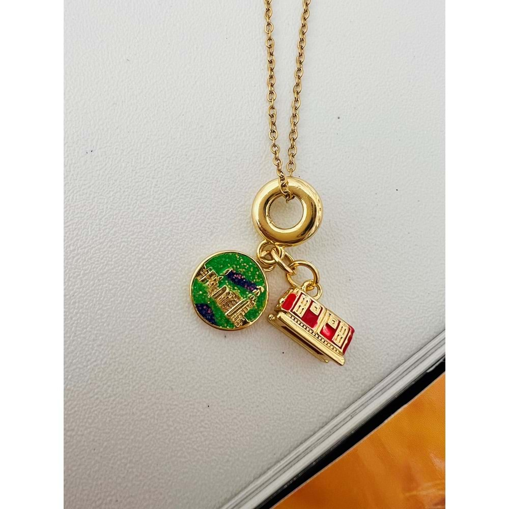 GOLD RENK OTOBÜS-SEYAHAT CHARM ÇELİK KOLYE 45 CM ACR9185