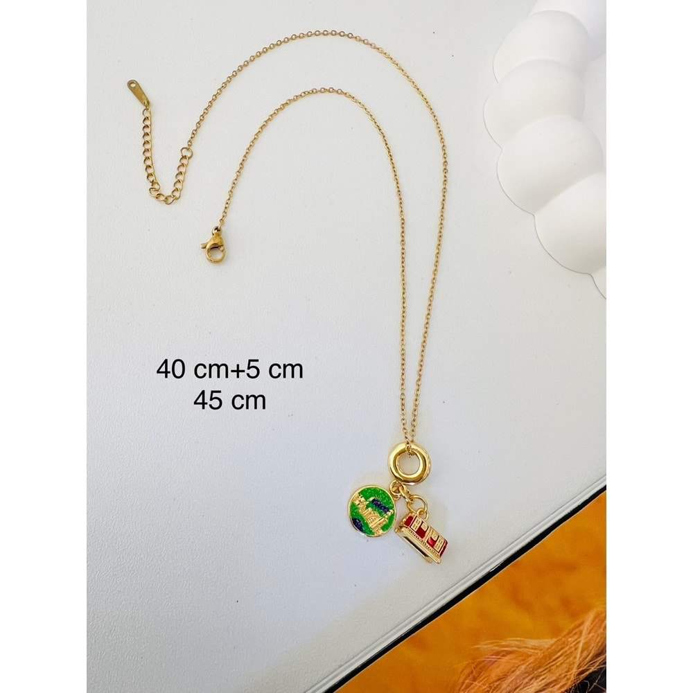 GOLD RENK OTOBÜS-SEYAHAT CHARM ÇELİK KOLYE 45 CM ACR9185