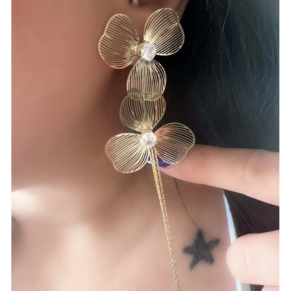 2'Lİ SALLANTILI ÇELİK ÇİÇEK KÜPE-GOLD RENK ACR9245