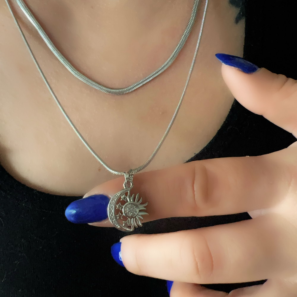 ÇELİK 2'Lİ AY-GÜNEŞ KOLYE 44+6CM-GÜMÜŞ RENK ACR9255