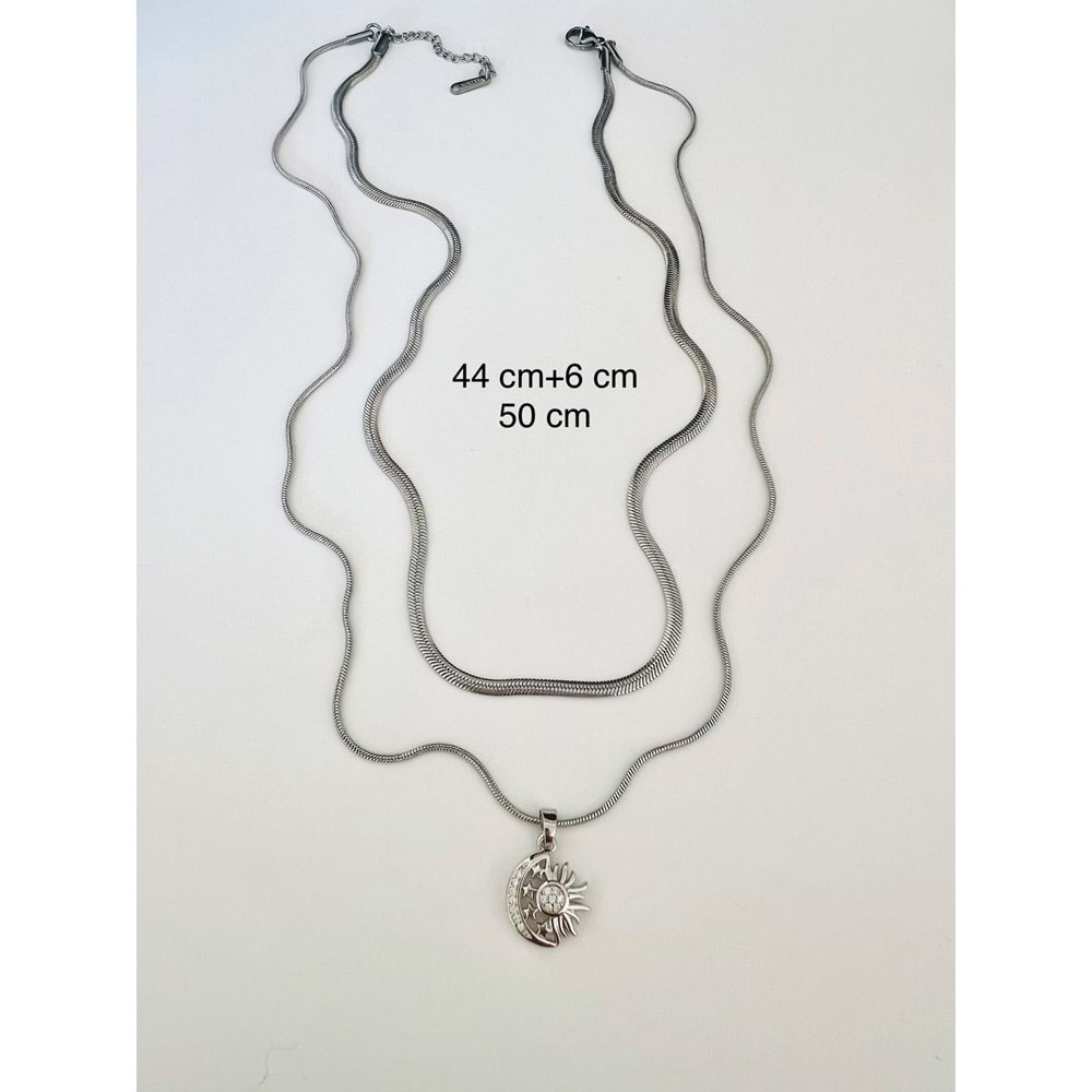 ÇELİK 2'Lİ AY-GÜNEŞ KOLYE 44+6CM-GÜMÜŞ RENK ACR9255