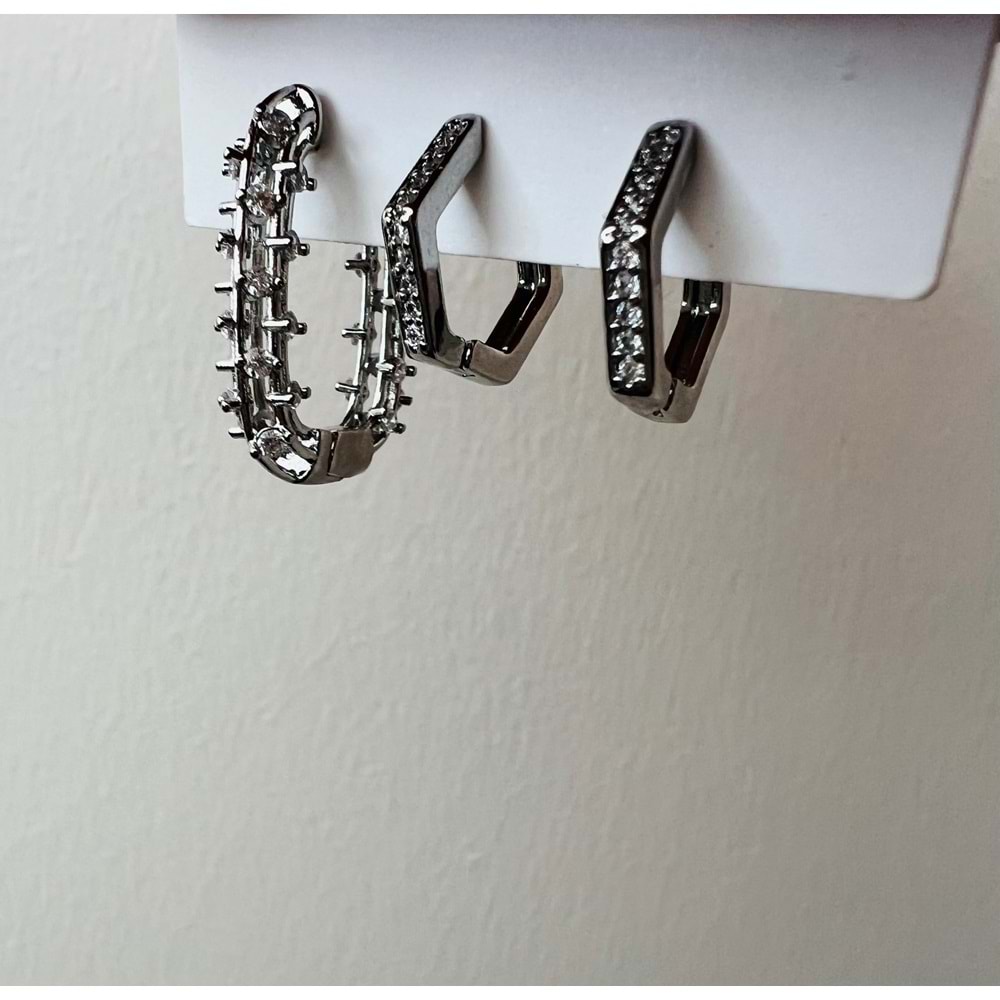 ÜÇLÜ TAŞLI KARE-BEŞGEN HALKA KÜPE SETİ-GÜMÜŞ RENK ACR9345