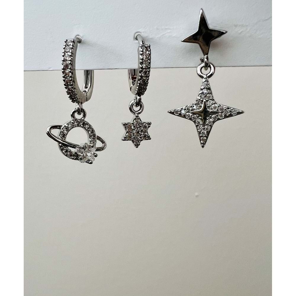 ÜÇLÜ GEZEGEN-YILDIZ DETAYLI KÜPE SETİ-GÜMÜŞ RENK ACR9354