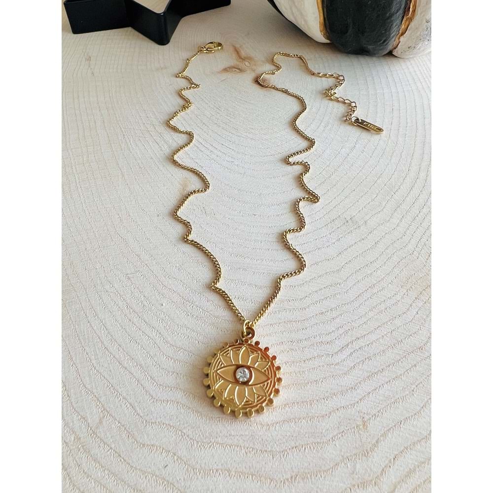 GOLD RENK TAŞLI GÖZ ÇELİK KOLYE 41+6 CM ACR9377