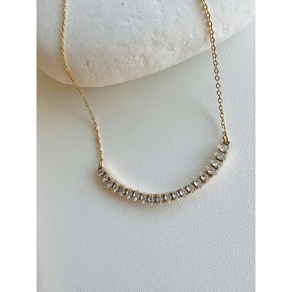GOLD RENK OVAL TAŞLI ÇELİK KOLYE 42+6 CM ACR9387