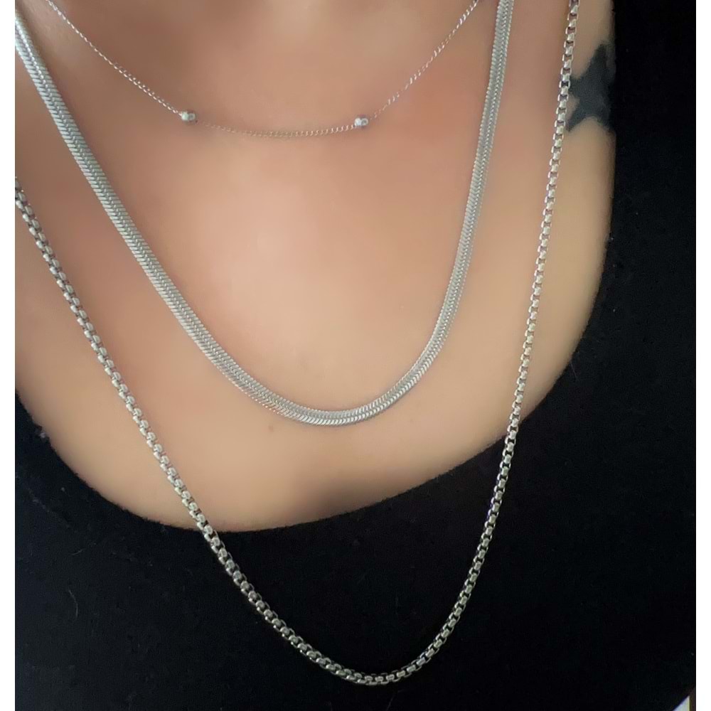 ÇELİK 3'LÜ ZİNCİR KOLYE 50+5CM-GÜMÜŞ RENK ACR9417