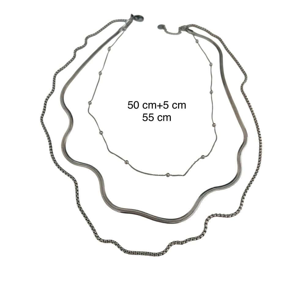 ÇELİK 3'LÜ ZİNCİR KOLYE 50+5CM-GÜMÜŞ RENK ACR9417