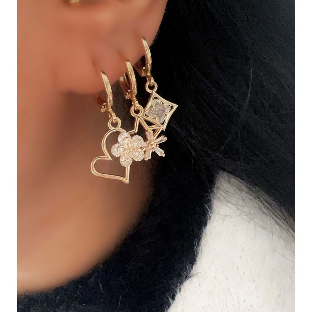 ÜÇLÜ KALPLİ-YILDIZLI KÜPE SETİ-GOLD RENK ACR9446