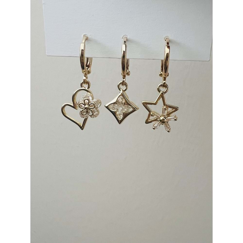 ÜÇLÜ KALPLİ-YILDIZLI KÜPE SETİ-GOLD RENK ACR9446