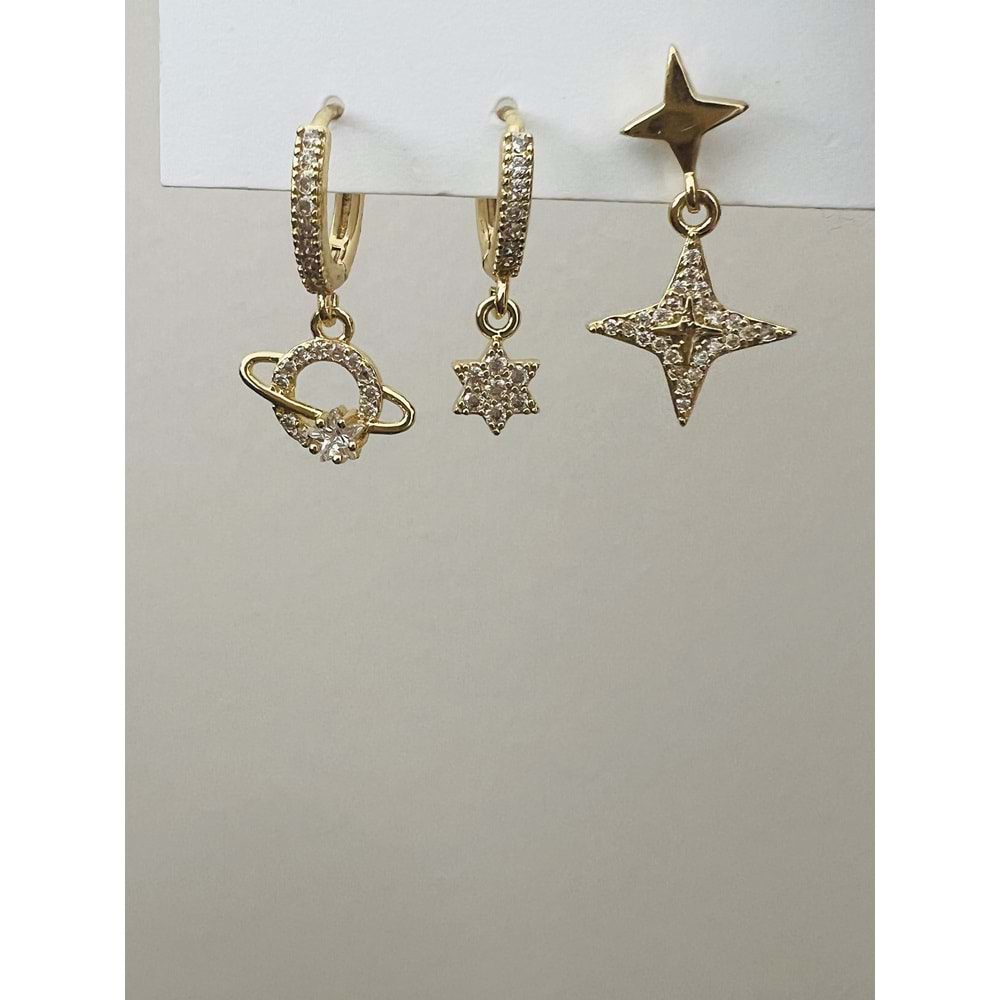 ÜÇLÜ GEZEGEN-YILDIZ DETAYLI KÜPE SETİ-GOLD RENK ACR9454