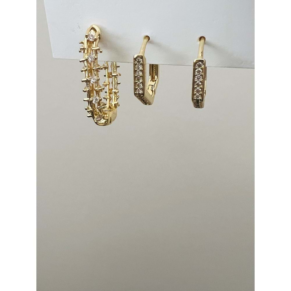 ÜÇLÜ KARE-BEŞGEN HALKA KÜPE SETİ-GOLD RENK ACR9460