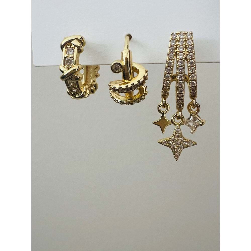 ÜÇLÜ HALKA-SARMAL HALKA-YILDIZ DETAYLI KÜPE SETİ-GOLD RENK ACR9468