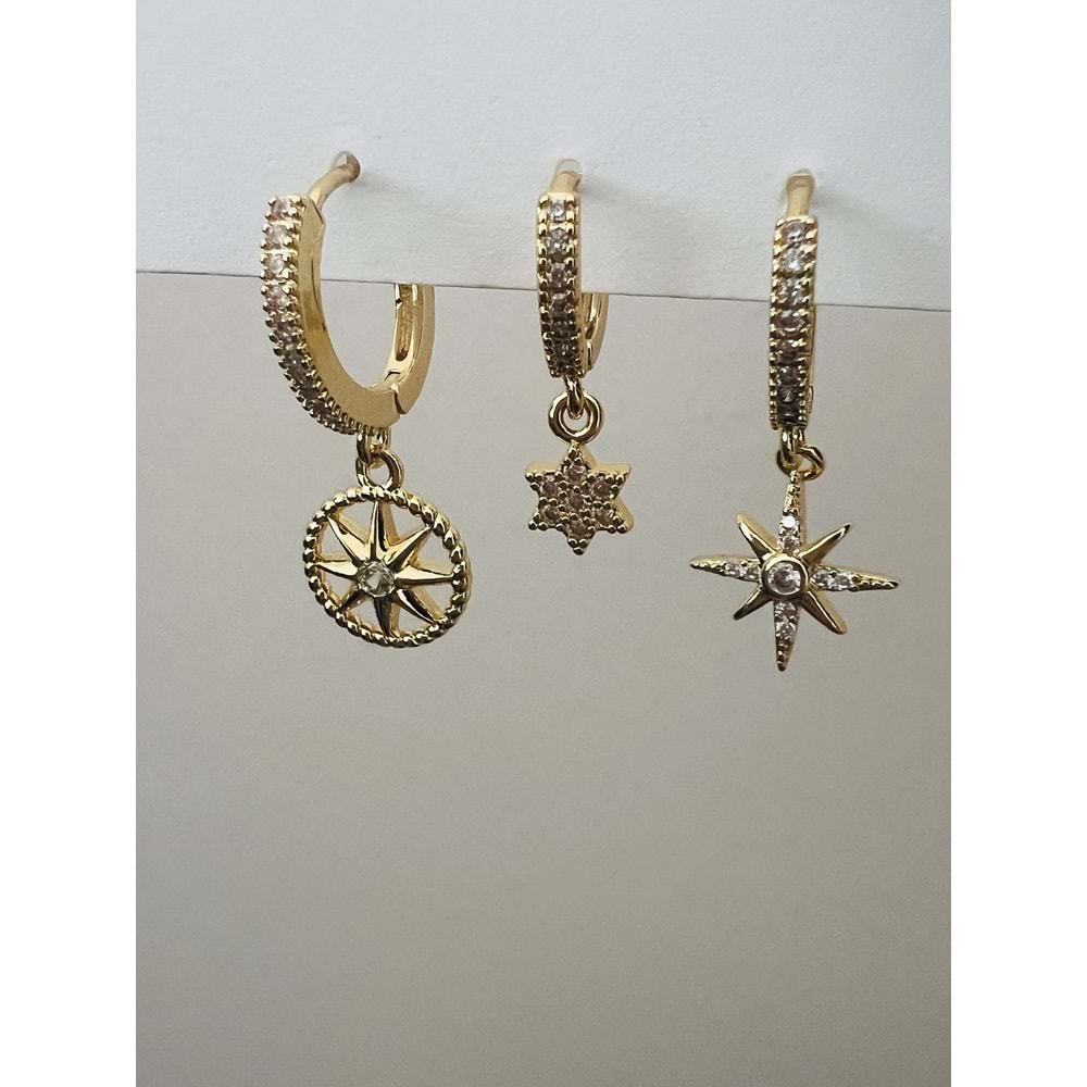 ÜÇLÜ KUTUP YILDIZ KÜPE SETİ-GOLD RENK ACR9470