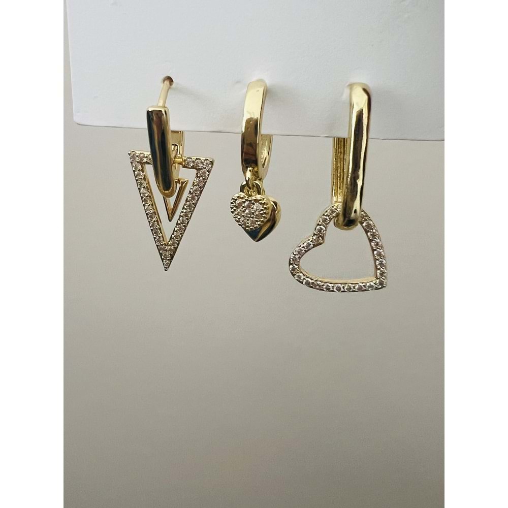 ÜÇLÜ TAŞLI ÜÇGEN-KALPLİ KÜPE SETİ-GOLD RENK ACR9473