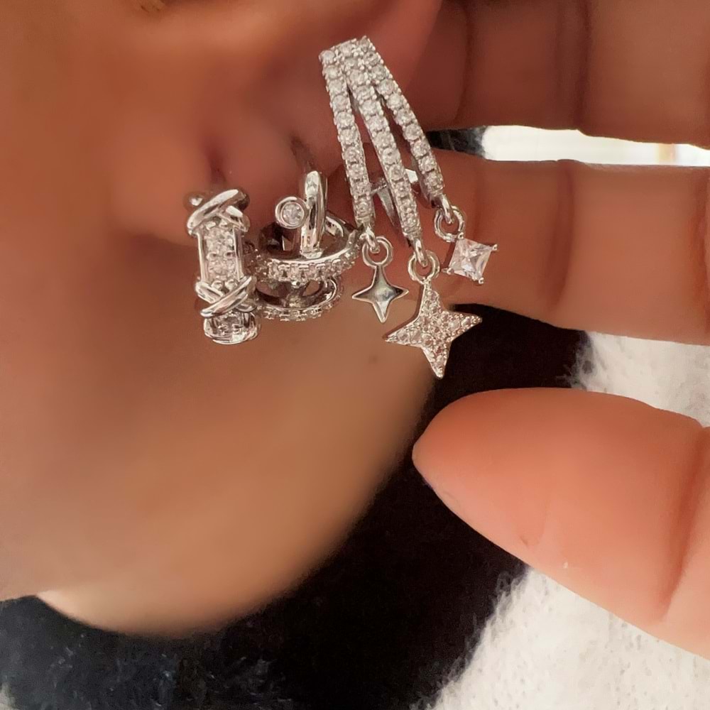 ÜÇLÜ HALKA-SARMAL HALKA-YILDIZ DETAYLI KÜPE SETİ-GÜMÜŞ RENK ACR9480