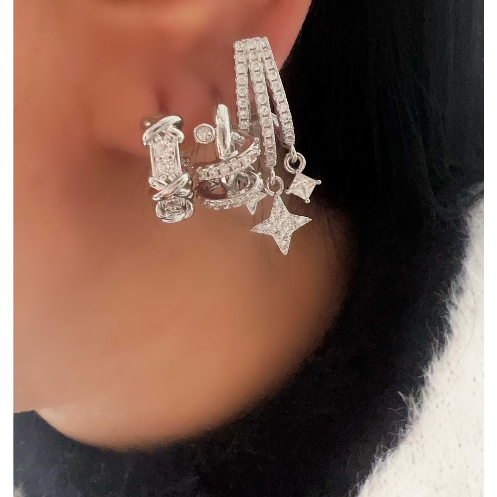 ÜÇLÜ HALKA-SARMAL HALKA-YILDIZ DETAYLI KÜPE SETİ-GÜMÜŞ RENK ACR9480