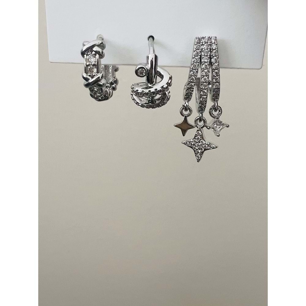 ÜÇLÜ HALKA-SARMAL HALKA-YILDIZ DETAYLI KÜPE SETİ-GÜMÜŞ RENK ACR9480