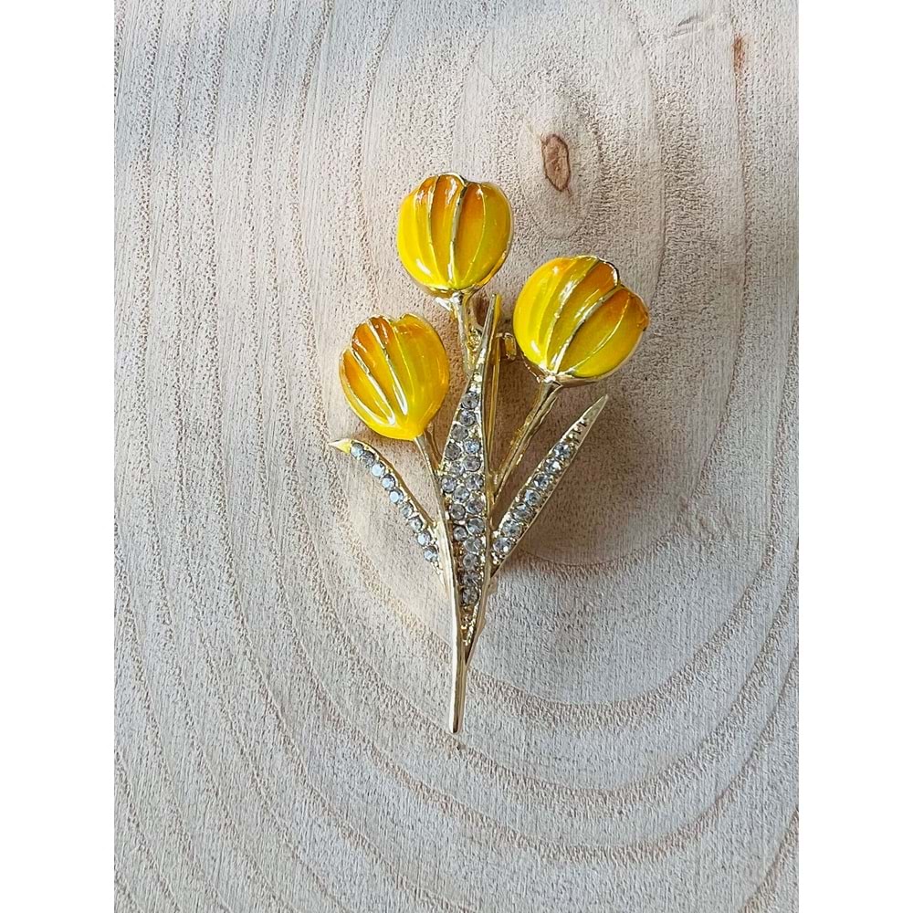 TAŞLI, ÜÇLÜ SARI LALE BROŞ ACR9607
