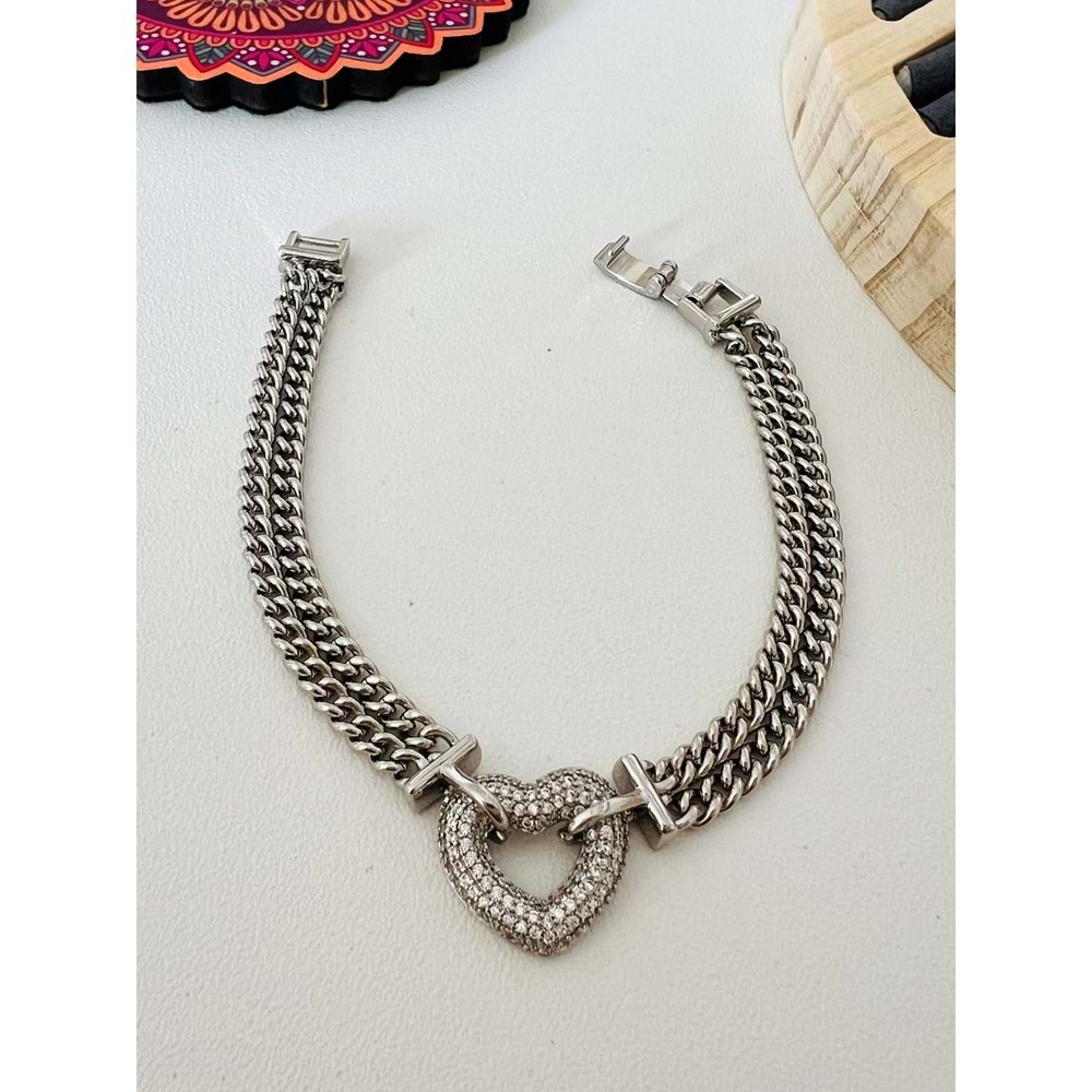 XUPING GÜMÜŞ RENK KALPLİ ÇİFT SIRA ZİNCİRLİ BİLEKLİK 18 CM ACR9609
