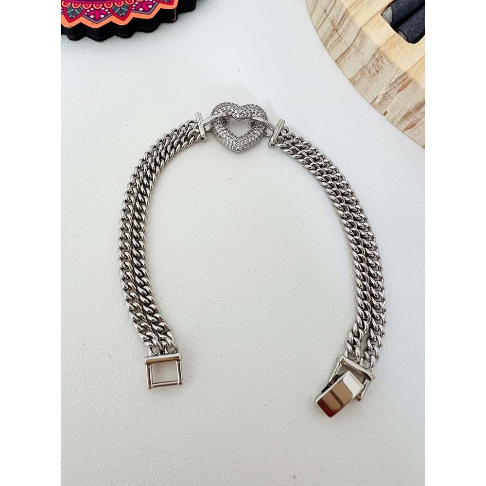 XUPING GÜMÜŞ RENK KALPLİ ÇİFT SIRA ZİNCİRLİ BİLEKLİK 18 CM ACR9609