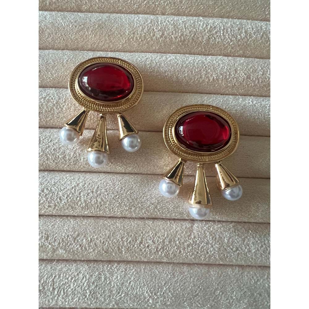BORDO TAŞLI, İNCİ DETAYLI VİNTAGE KÜPE ACR9674