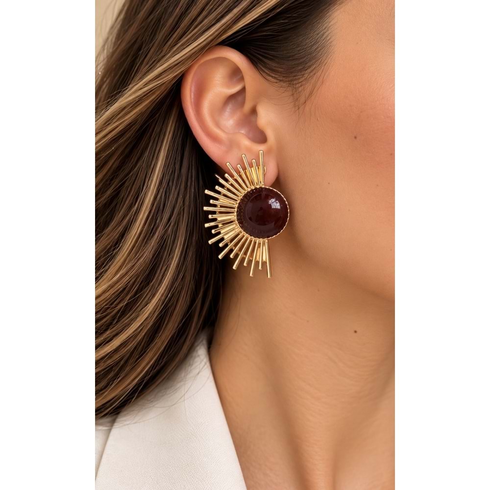 GOLD RENK, BORDO TAŞLI YARIM GÜNEŞ KÜPE ACR9708