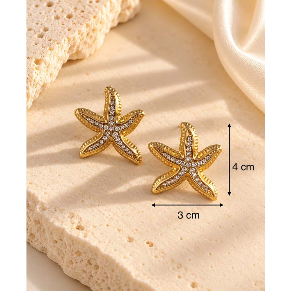 GOLD RENK TAŞLI DENİZ YILDIZI ÇELİK KÜPE ACR9716