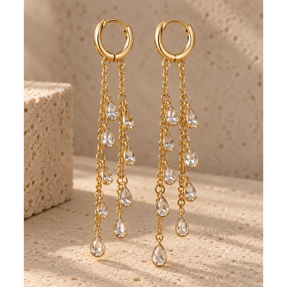 GOLD RENK DAMLA TAŞLI, ZİNCİR SALLANTILI KÜPE ACR9725