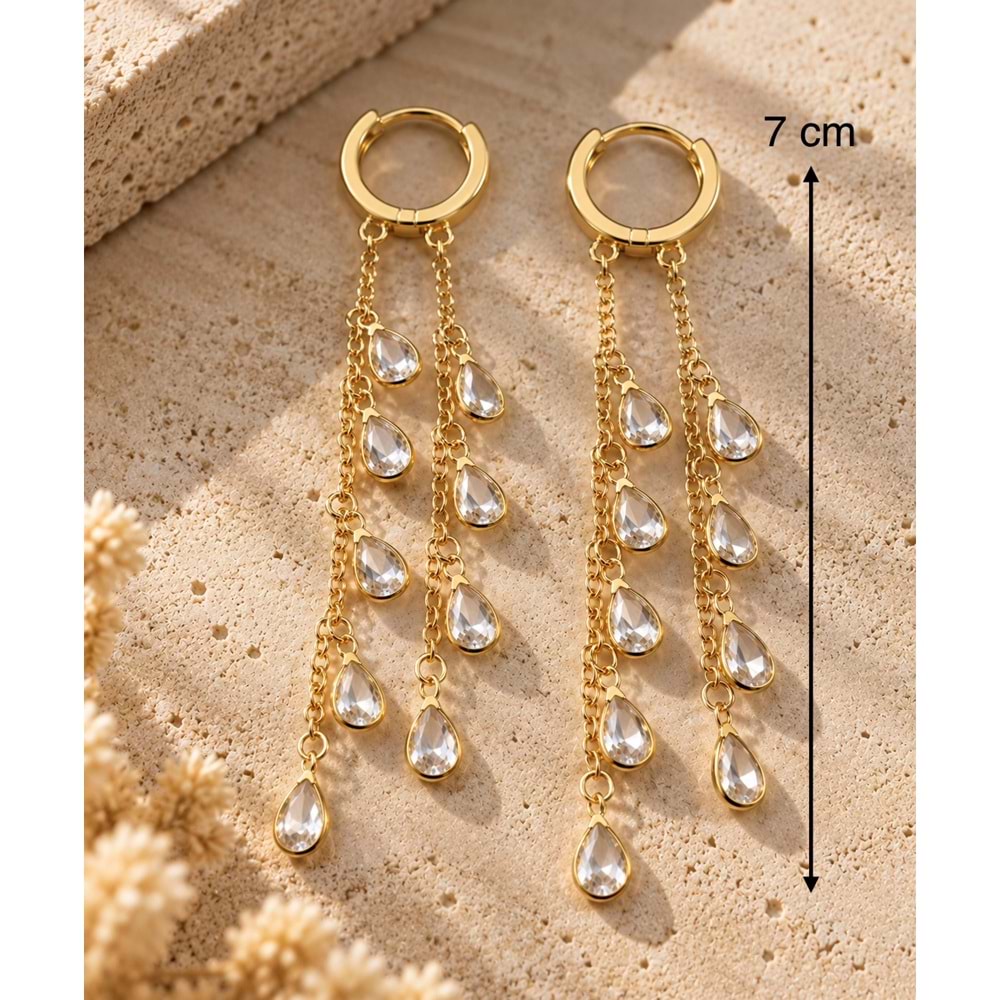 GOLD RENK DAMLA TAŞLI, ZİNCİR SALLANTILI KÜPE ACR9725