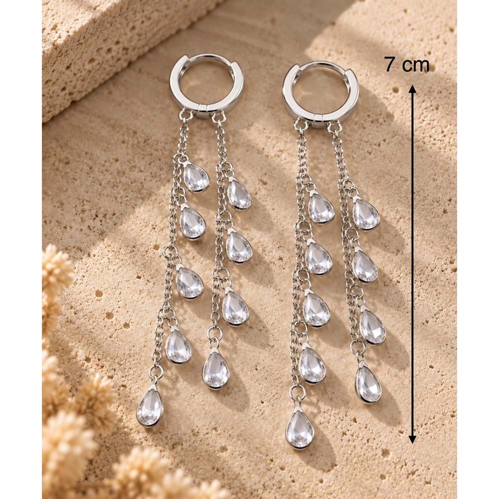 GÜMÜŞ RENK DAMLA TAŞLI, ZİNCİR SALLANTILI KÜPE ACR9726