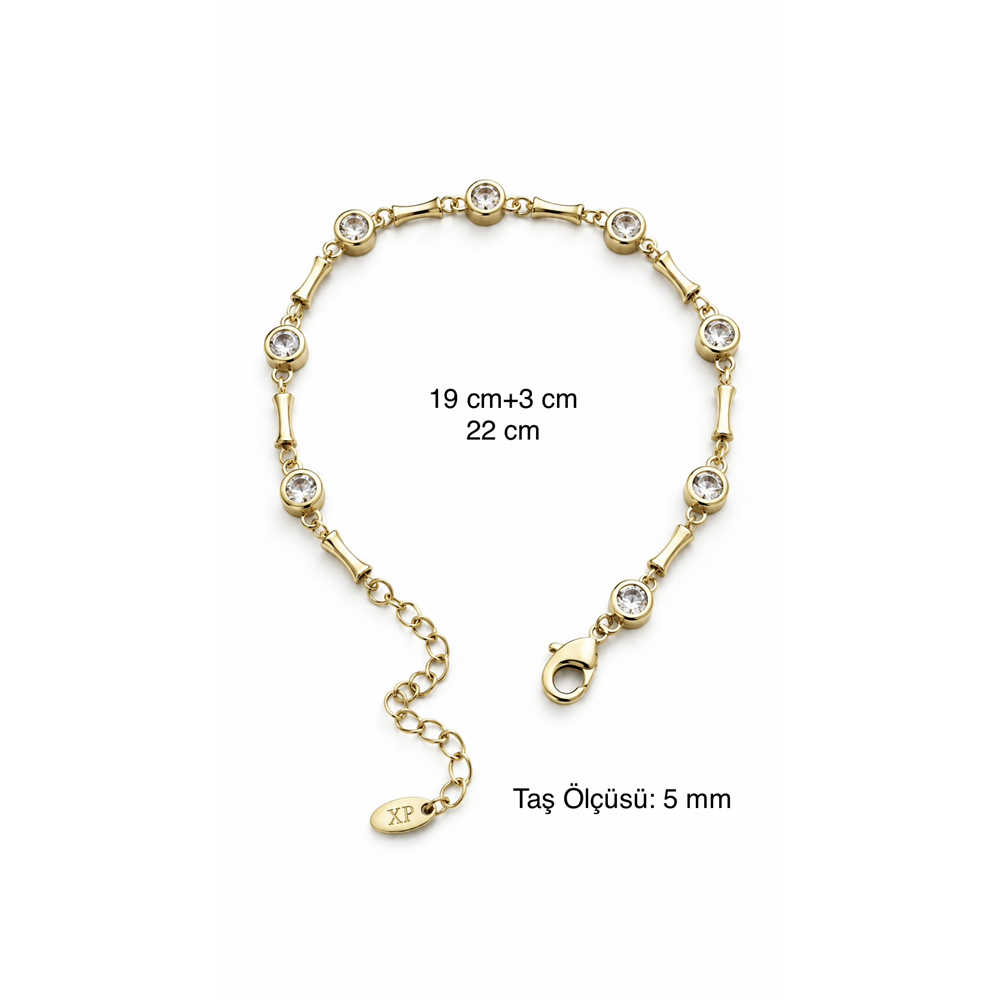 XUPING 14K GOLD RENK ÇUBUK GEÇİŞLİ, YUVARLAK TAŞLI MİNİMALİST BİLEKLİK 19+3CM ACR9748