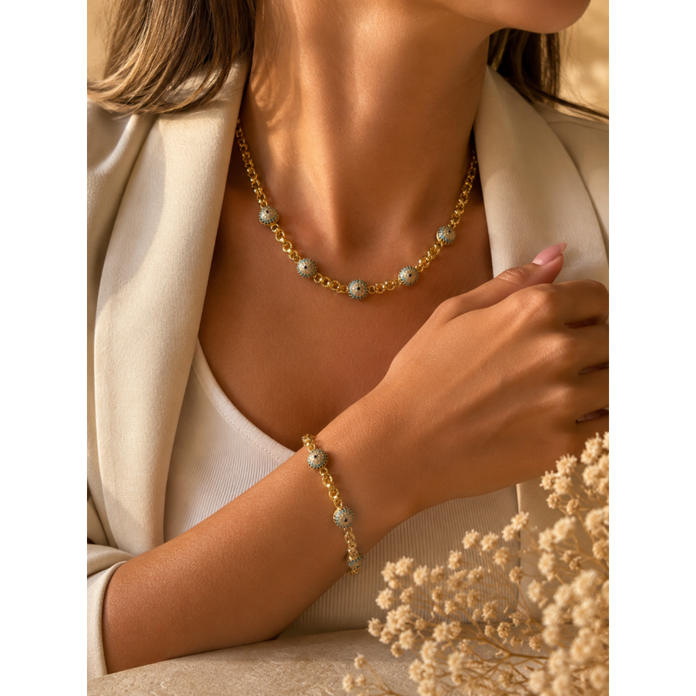 XUPING 14K GOLD RENK GÖZ BONCUKLU KOLYE VE BİLEKLİK SETİ ACR9755