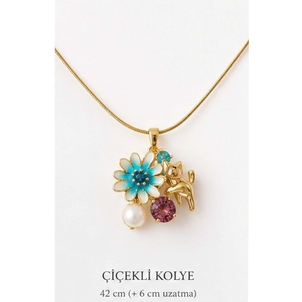 İKİ AYRI KOLYEDEN OLUŞAN, ÇELİK GOLD RENK, RENKLİ TAŞLI VE KEDİ FİGÜRLÜ ÇİÇEKLİ KOMBİN KOLYE ACR9775