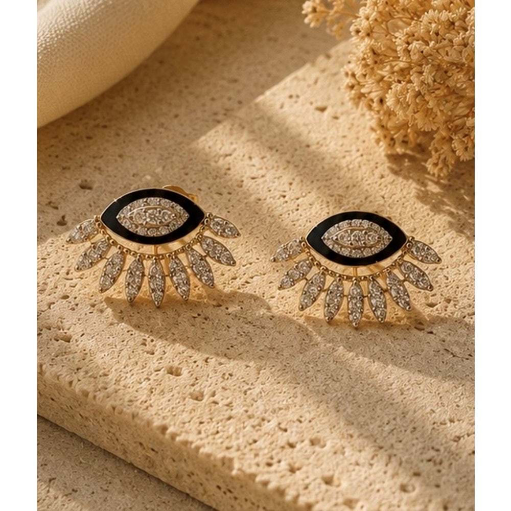 ETRAFI IŞILTILI, GOLD RENK, ZİRKON TAŞLI, SİYAH MİNELİ GÖZ KÜPE ACR9804