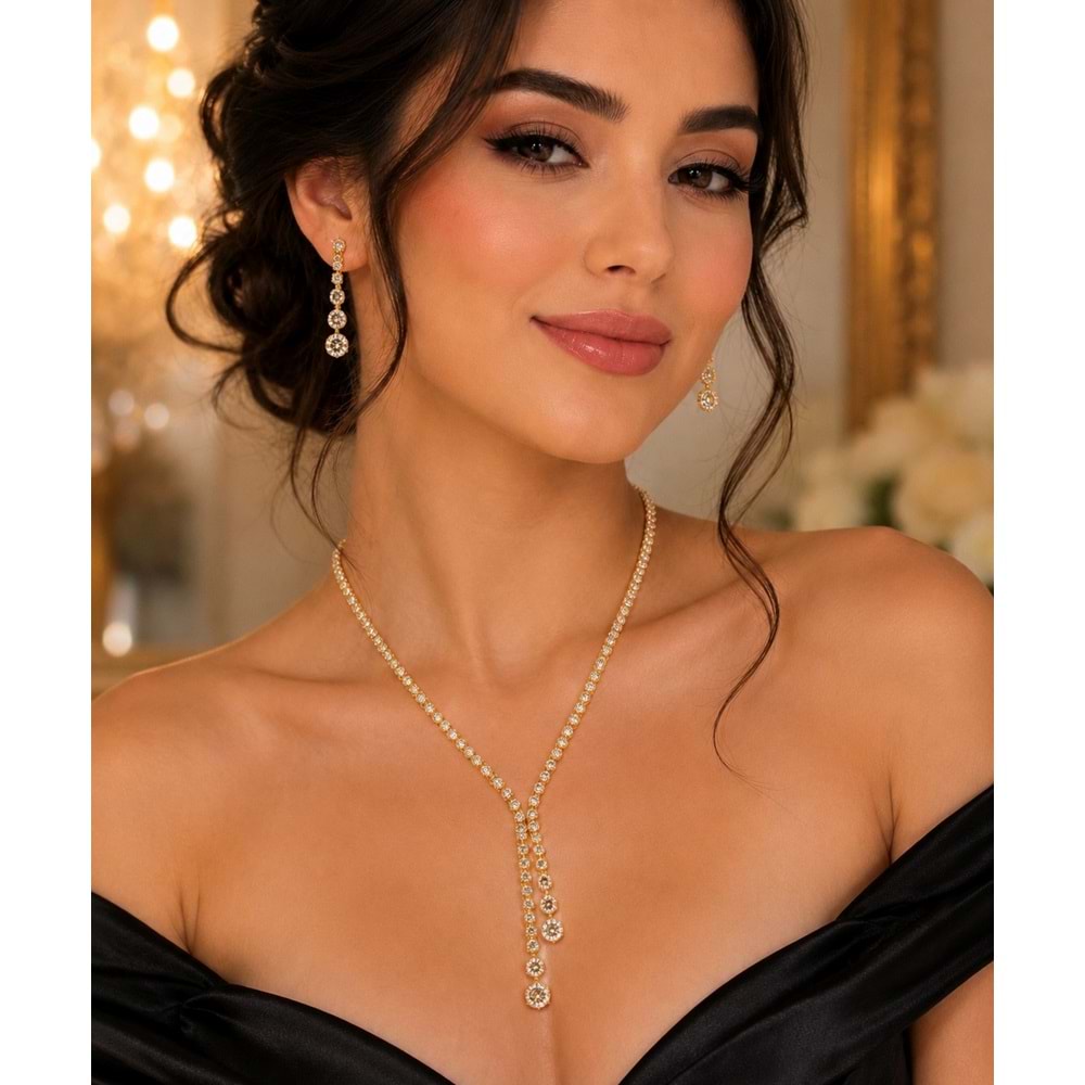 YUVARLAK TAŞLI, GOLD RENK, Y MODEL SUYOLU KOLYE VE KÜPE SETİ ACR9830