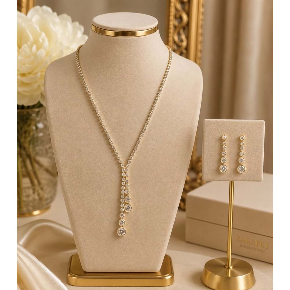 YUVARLAK TAŞLI, GOLD RENK, Y MODEL SUYOLU KOLYE VE KÜPE SETİ ACR9830